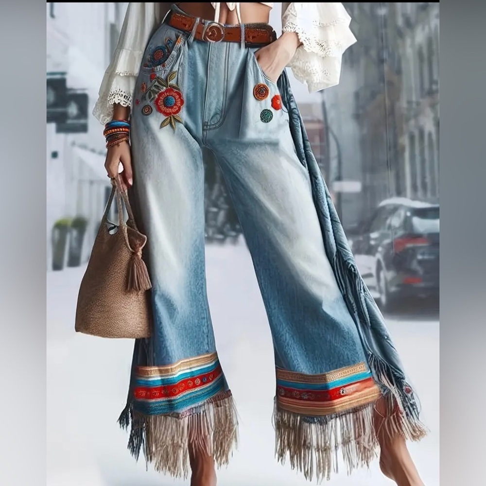 Faux Embroidered Wide Leg Faux Jeans with Fringe Hem